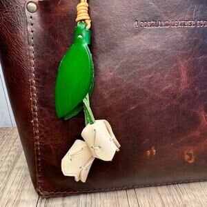 Genuine Leather Tulip Bag Charm White Tulip Spring Flowers Leather Charm